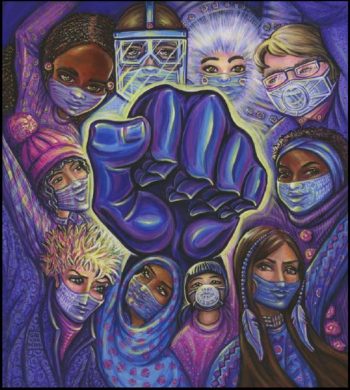 solidarity fist surrounded by women